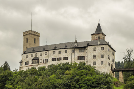 Famous historical panorama of Rozumberk, castle in public ownership and  town 160 km or 100 miles south of Prague on the river Vltava, Czech Republic, Europe.のeditorial素材