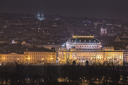 Prague at night with National Theatre and embankment of river Vlatva, Czech Republic.のeditorial素材