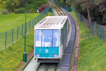 Prague, Czech Republic - April 24, 2016: Historical funicular to Petrin Hill established 1891. A famous touristic place in Prague.のeditorial素材