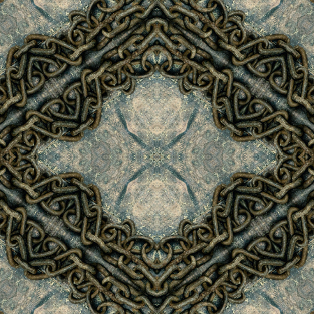 Grunge retro wooden seamless background, old rusty iron chain frame.