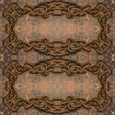 Grunge retro wooden seamless background, old rusty iron chain frame.の写真素材
