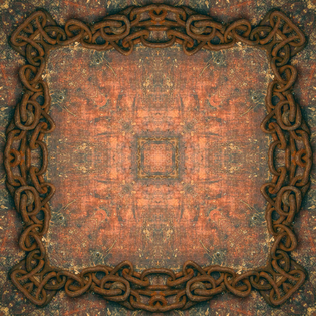 Grunge retro wooden seamless background, old rusty iron chain frame.の写真素材