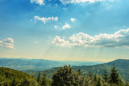 Landscape mountains ridges with beautiful sky at Czech Poland border, Beskydy panorama.の写真素材