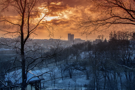Winter sunset in the city, skyline of Prague, panoramaの写真素材