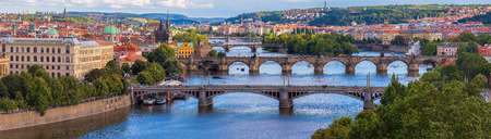 Wide panorama of Prague with river Vltava Charles Bridge and other bridgesの写真素材