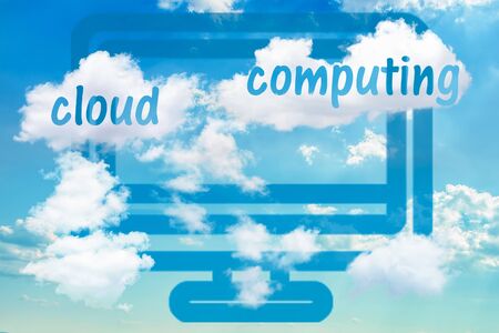 Digital illustration with concept of cloud solutions or cloud computing. Computer icon and realistic dramatic sky with clouds.の写真素材