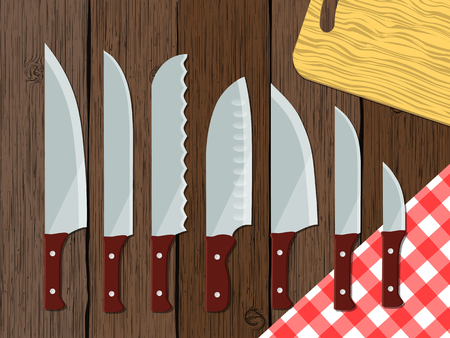 Set of kitchen knives on the wooden table, vector illustrationのイラスト素材