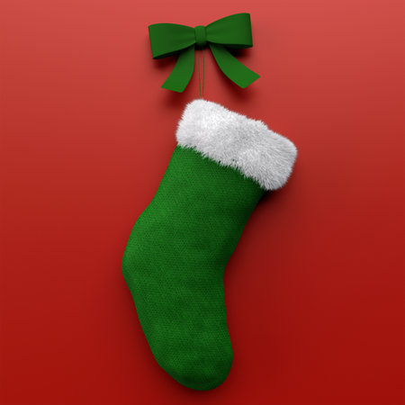 Christmas stocking with a green bow on a red background. 3d illustrationの写真素材