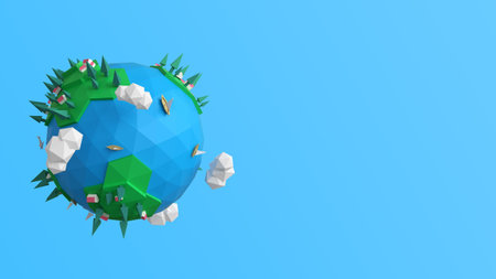 Earth globe with green grass and houses and trees on blue background. 3d rendering