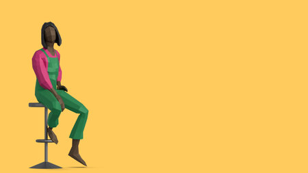 3d illustration of a woman sitting on a chair in a green suit on a yellow background