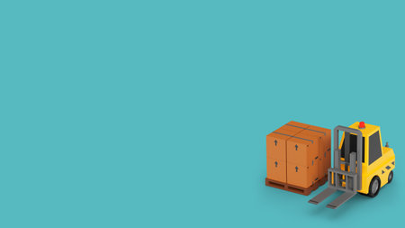 Forklift truck with wooden boxes on blue background. 3d rendering