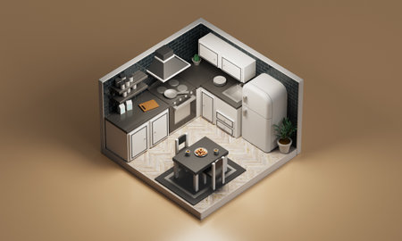 Kitchen interior isometric view. 3d rendering. 3d illustration.の写真素材