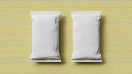 Blank white sachet packaging mockup on yellow paper background. 3d renderingの写真素材