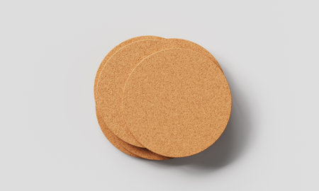 Round cork coaster mockup on white background. 3D rendering illustrationの写真素材