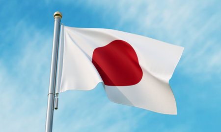 Japan Flag On Flagpole Against Blue Sky Background 3D Illustration