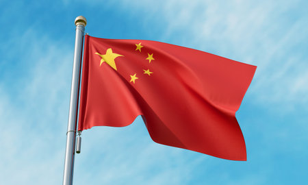 China Flag On Flagpole In The Blue Sky 3D Illustration