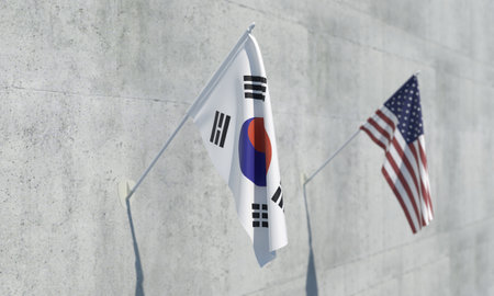 Waving flags of South Korea and United States on concrete wall. 3D rendering