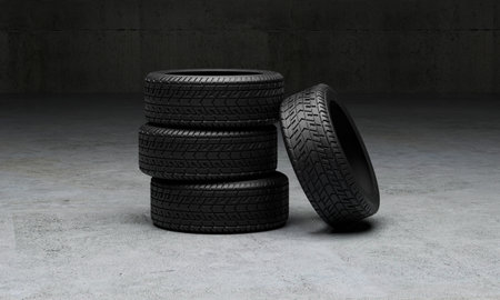 Car tires on concrete background. 3d rendering. Computer digital drawing.