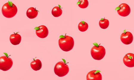 Three red apples with green leaves on a pink background. 3d renderの写真素材