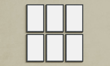 Set of black picture frames mockup on beige wall. 3D rendering