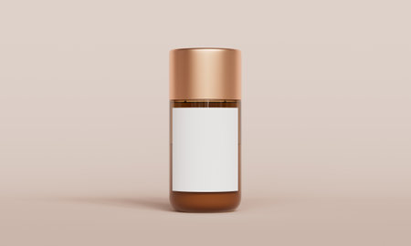 Mockup of a brown cosmetic bottle with blank label, isolated on beige background. 3d renderingの写真素材