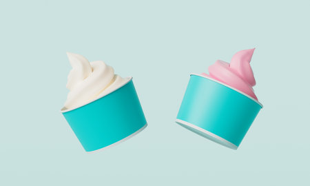 Colorful ice cream in paper cup on pastel blue background with copy spaceの写真素材