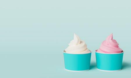 Colorful ice cream in paper cup on pastel blue background with copy spaceの写真素材