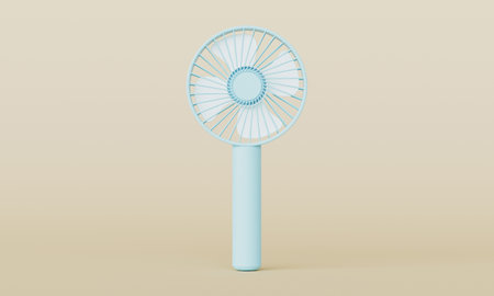 Blue electric fan on a beige background. 3d render illustration