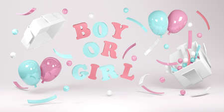 3D Rendering concept of gender reveal. Realistic blue and pink pastel balloons and confetti floating from gift box with text happy birthday background. 3D Render. 3D illustrationの写真素材