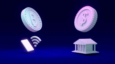 3D Rendering concept of money coins with B as referring to bitcoin blockchain with a phone and the internet symbol, "$" coin with a building as referring to a bank on background. 3D render. 3D illustrationの写真素材