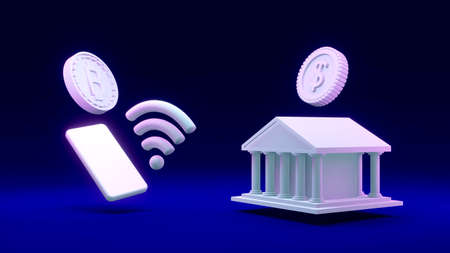 3D Rendering concept of money coins with B as referring to bitcoin blockchain with a phone and the internet symbol, "$" coin with a building as referring to a bank on background. 3D render. 3D illustrationの写真素材