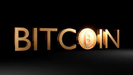 3D Rendering concept of Decentralized finance, cryptocurrency, bitcoin: golden text BITCOIN with B...
