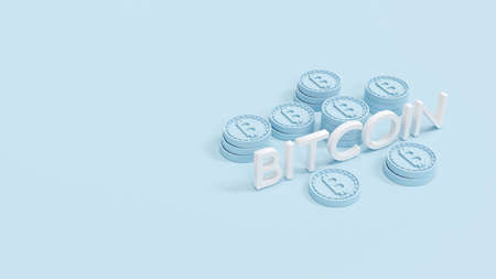 3D Rendering concept of Decentralized finance, cryptocurrency, bitcoin: B as referring to bitcoin blockchain with text "BITCOIN" on background. 3D render. 3D illustration.の写真素材