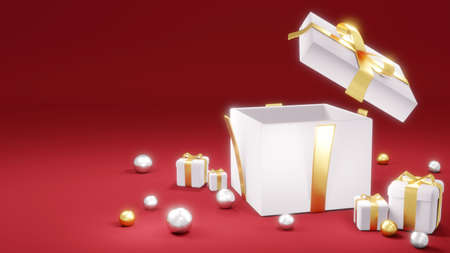 3D Rendering concept of opened gift box showing empty space inside with small presents and geometric...