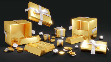3D Rendering concept of golden piggy bank, golds, golden coins, presents on black background.3D...