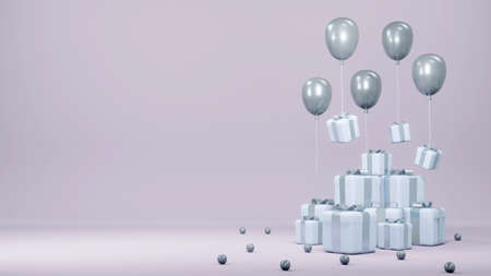 3D Rendering concept of anniversary: stack of gift boxes, balloons floating for commercial design....
