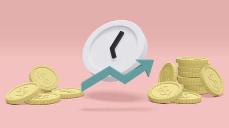 3D Rendering concept of time and investment: pile of coins with an arrow pointing up to a bigger...
