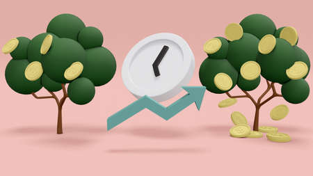 3D Rendering concept of time and investment: a money tree with coin and a clock, an arrow pointing...