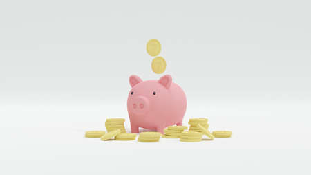 3D Rendering concept of Money saving: stack of coins and a piggy bank isolated on white background....