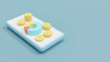 3D Rendering concept of financial management: stack of $ coins sitting on a smartphone with a pie...