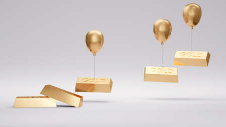 3d Rendering concept of gold price. gold bars are taking up by balloons. 3D Render. 3D illustration. Minimal design template.の写真素材
