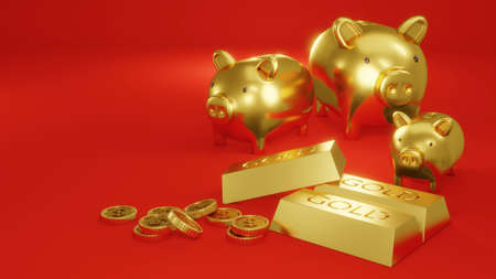 3D Rendering concept of golden piggy bank, golds, golden coins, presents on red background.3D Render.の写真素材