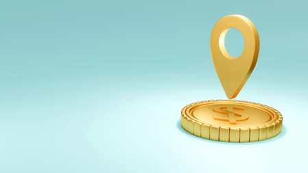 3D Rendering concept of a golden coin with a golden location symbol . 3d Render.の写真素材
