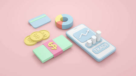 3D rendering concept of money saving icon, money management. Dollar bill, coin, pie chart, arrow, graph and credit card on pink background. 3D Render. 3D illustration.の写真素材