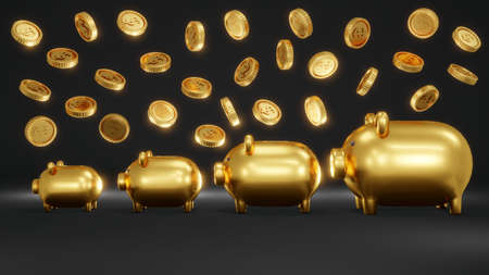 3D Rendering concept of golden piggy banks in several sizes arrange from small to big on black...