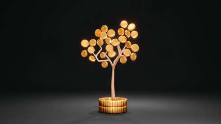 3D rendering concept of investment: a money tree on stack of coins on background. 3d render.