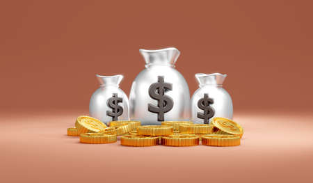3D Rendering concept of money, treasury. Silver money bags with dollar sign and golden coins on background. 3D Render.の写真素材