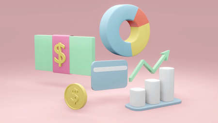 3D rendering concept of money saving icon, money management. Dollar bill, coin, pie chart, arrow, graph and credit card on pink background. 3D Render. 3D illustration.の写真素材