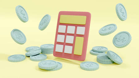 3D Rendering concept of financial management: a calculator and coins in pastel colors theme on background. 3D Render.の写真素材