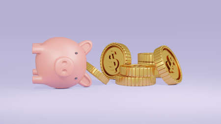 3D Rendering concept of a piggy bank failing on ground and a golden coin coming out with coin...